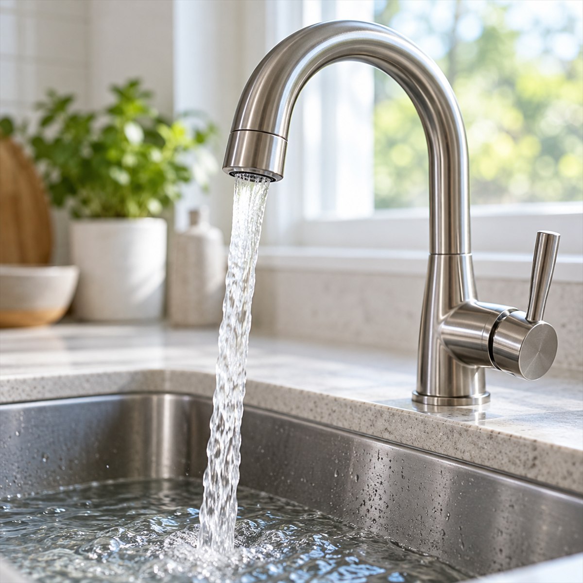 Fresh water running from a kitchen tap